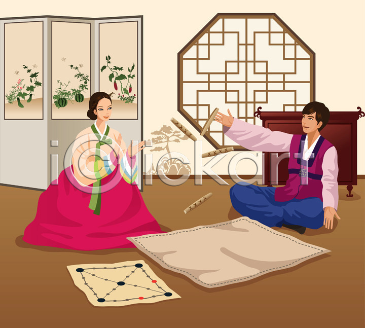 남자 두명 사람 성인 성인만 여자 AI(파일형식) 일러스트 국내일러스트 명절 문화 미소(표정) 병풍 앉기 웃음 윷 윷놀이 윷판 전신 전통 전통놀이 전통문화 전통의상 창문 한국문화 한국전통 한복