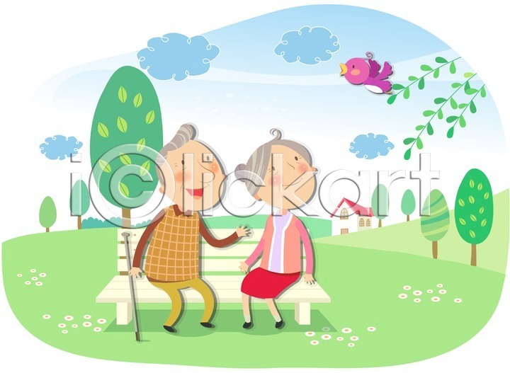 여유 즐거움 휴식 남자 노년 노인만 두명 사람 성인 성인만 여자 AI(파일형식) 일러스트 구름(자연) 국내일러스트 나무 노부부 노후 동물 라이프 라이프스타일 미소(표정) 벤치 부부 식물 실버(노인) 실버라이프 앉기 웃음 의자 잎 전신 조류 주택 지팡이 커플 하늘 할머니 할아버지