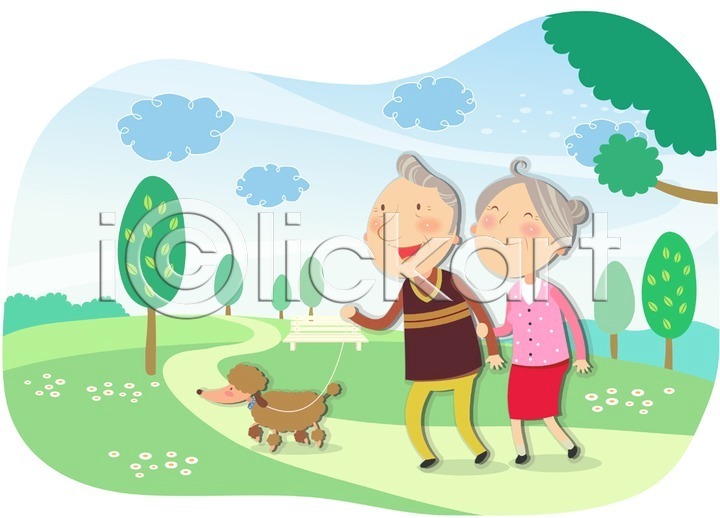 산책 여유 즐거움 휴식 남자 노년 노인만 두명 사람 성인 성인만 여자 AI(파일형식) 일러스트 강아지 개 구름(자연) 국내일러스트 나무 나뭇잎 노부부 노후 동물 라이프 라이프스타일 미소(표정) 벤치 부부 서기 식물 실버(노인) 실버라이프 웃음 의자 잎 잔디 전신 초원(자연) 커플 포유류 풀(식물) 하늘 할머니 할아버지