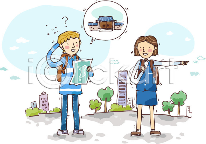 여유 즐거움 10대 20대 고등학생 남자 두명 사람 성인 여자 외국인 AI파일 일러스트 가리킴 가방 가이드북 건물 건축물 고건축 교복 국내여행 국내일러스트 기와 기와지붕 길안내 길찾기 나무 들기 라이프 라이프스타일 미소 빌딩 서기 세계여행 식물 아시아 여고생 여행 여행객 웃음 응시 전신 지도 학생 한국 해외여행