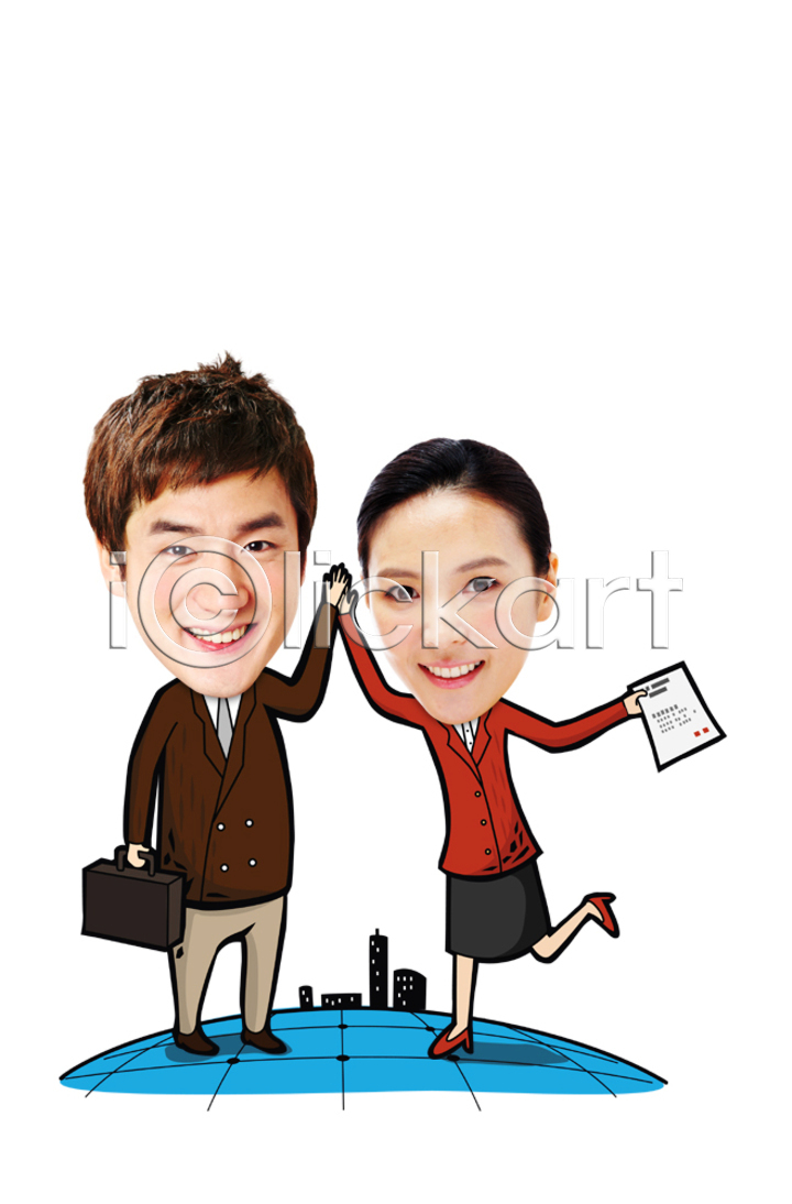 남자 두명 사람 성인 성인만 여자 한국인 PSD 앞모습 편집이미지 포토일러 SD캐릭터 광고편집 들기 문서 미소(표정) 비즈니스 비즈니스맨 비즈니스우먼 서류가방 이미지편집 인물미니어처 전신 캐릭터 하이파이브