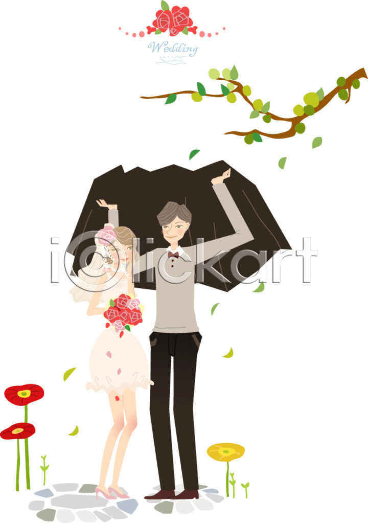 축하 행복 남자 두명 사람 여자 AI(파일형식) 일러스트 결혼 국내일러스트 나뭇잎 신랑 신부(웨딩) 웨딩드레스 재킷 정장 턱시도