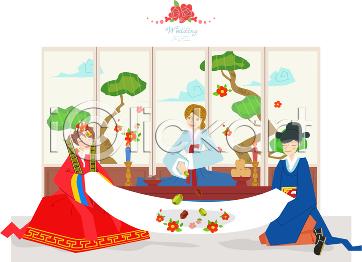 축하 행복 남자 사람 세명 여자 AI(파일형식) 일러스트 결혼 국내일러스트 대추 신랑 신부(웨딩) 전통혼례 폐백 한복