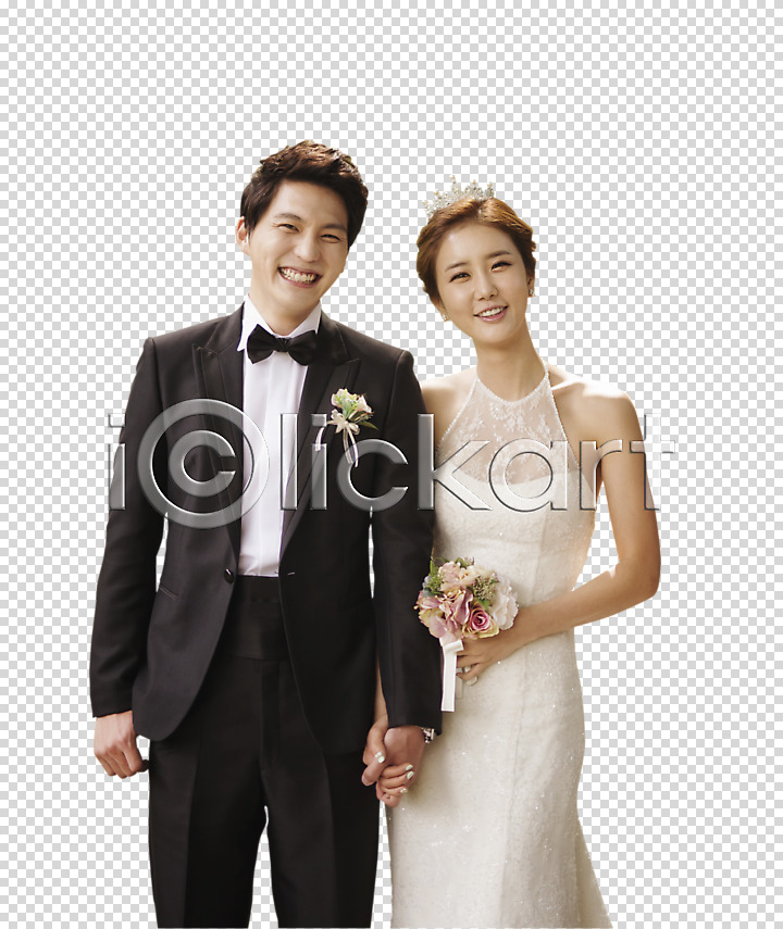 20대 남자 동양인 두명 성인 여자 한국인 PNG 앞모습 편집이미지 결혼 들기 부케 상반신 손잡기 웃음 웨딩드레스 정장 커플 커플라이프 턱시도 편집 편집소스